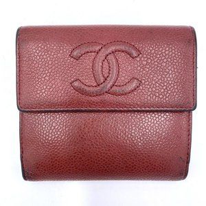 CHANEL Authentic Burgundy Dark Red CC Logo Bifold Compact Wallet Caviar Leather